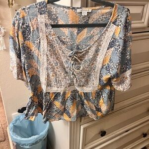 American Eagle Outfitters Patchwork Lace-Up Blouse - Blue, Yellow, Cream(s)